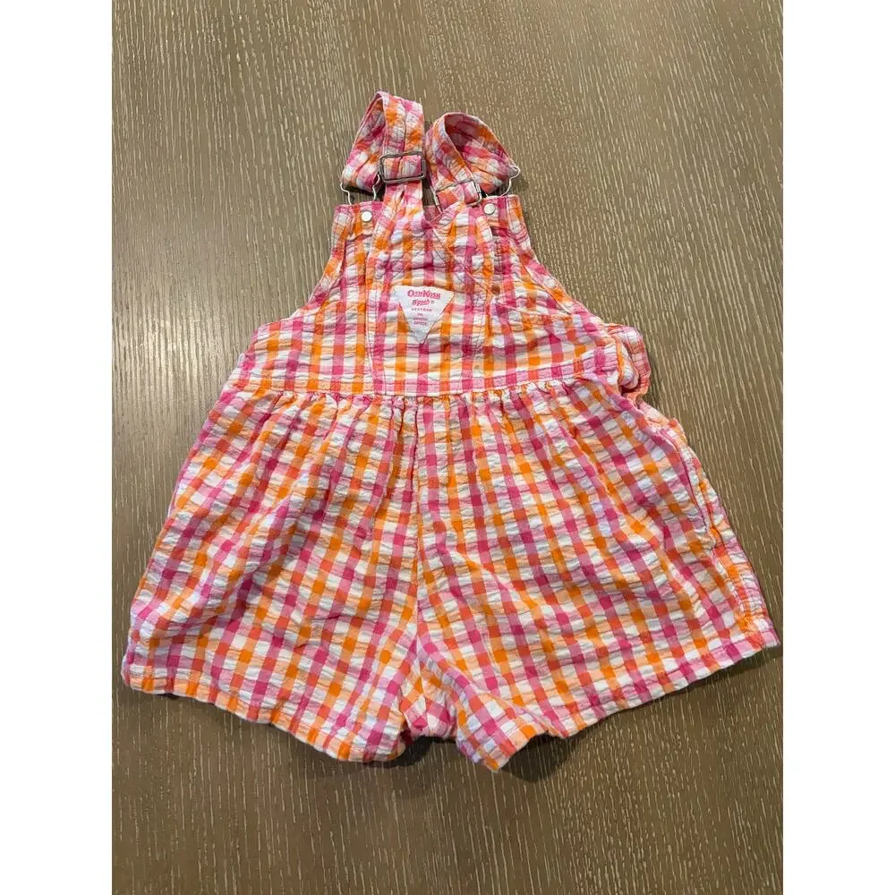 OshKosh B'gosh Toddler Gingham Plaid Shortall Romper Pink Orange 18M Seersucker